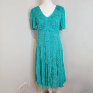 Rabbit Rabbit Rabbit Teal Lace Fit to Flare Dress Short Flutter Sleeve Womens 8